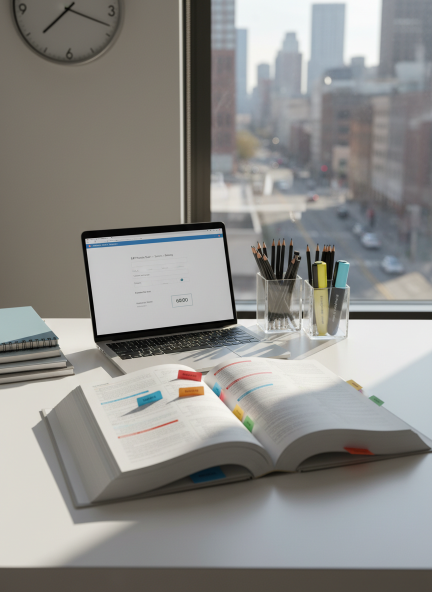 A spacious, modern study desk arranged for standardized test preparation, featuring an open test prep book with color-coded tabs, a sleek silver laptop displaying a blank practice test interface, and a neatly organized set of mechanical pencils and highlighters in a clear acrylic holder. The desk sits near a large window overlooking a softly blurred city skyline, with diffused afternoon daylight creating gentle reflections on the smooth white desktop. A minimalist wall clock and a tidy stack of notebooks in muted blues and grays complete the scene. Photographic realism, shot at eye level with a slight angle, sharp focus on the materials and a soft background, conveying a calm, focused, professional atmosphere ideal for SAT and ACT preparation.